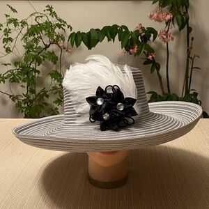 Chic Striped Gray Hat with White Feather Floral Accent